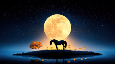 A beautiful silhouette of a horse stands on a serene island, framed by a glowing full moon and peaceful waters. Enjoy the tranquil ambiance.の素材