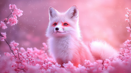 A charming and adorable fox with soft fur poses gracefully amidst a sea of delicate pink blossoms, creating a serene and magical atmosphere. Perfect for nature lovers!の素材