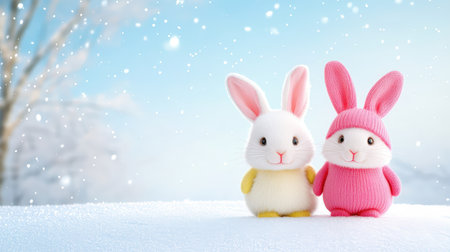 Two cute plush bunnies in pastel colors stand together on fresh snow, creating a charming winter scene filled with warmth and joy.の素材