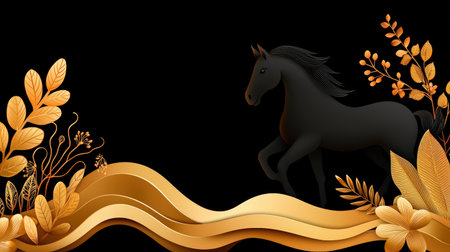 A stunning black horse silhouette captures movement amidst golden waves and elegant floral elements, perfect for adding a touch of nature's beauty to any design project.の素材