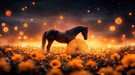 A stunning horse stands gracefully in a field of vibrant flowers under a magical night sky filled with glowing lanterns.の素材