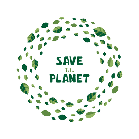 Illustration with green trees, leaves and hand lettering save the planet in cartoon style. Template for benner, flyer, brochure protection of ecology. Vectorのイラスト素材