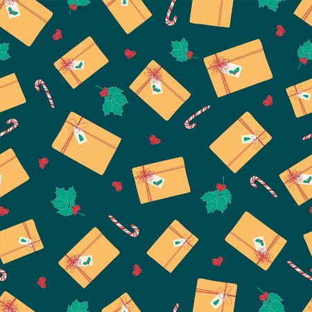 Seamless pattern with Christmas and new year gifts. Background with gift boxes in cartoon style for Wallpaper, textiles, fabric, paper. Vector illustrationのイラスト素材