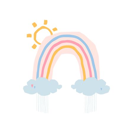 Rainbow with sun, clouds in cartoon style isolated on white background for kids. Cute illustration in hand drawn style for posters, prints, cards, fabric, children's books, interior design. Vectorのイラスト素材