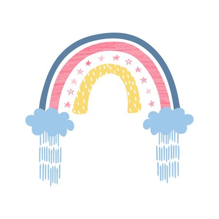 Rainbow with clouds, rain in cartoon style isolated on white background for kids. Cute illustration in hand drawn style for posters, prints, cards, fabric, children's books, interior design. Vectorのイラスト素材