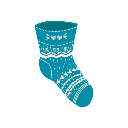 Colored sock in hand drawn style isolated on white background. Illustration of sock with skandinavian patterns, stripes. vectorのイラスト素材
