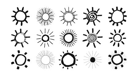Set of black and white suns in hand drawn style isolated on white background. Collection Suns icon. Vector.のイラスト素材