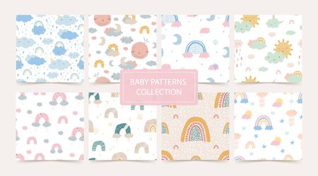 Set seamless pattern with rainbow, clouds, sun, moon, rain for babies. Pattern in hand drawn style for poster, fabric, wallpaper, textile, wrapping paper. Vector illustrationのイラスト素材
