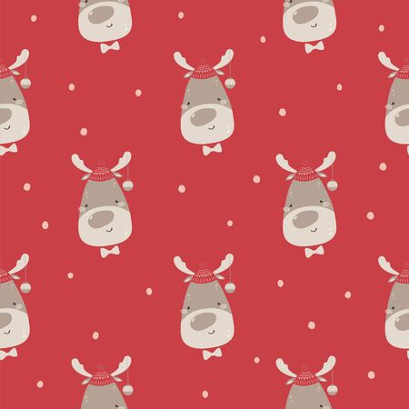 Funny Christmas seamless pattern with deer in hat, snow on red background in flat style. Background for fabric, Wallpaper, wrapping paper. Vector illustration.のイラスト素材