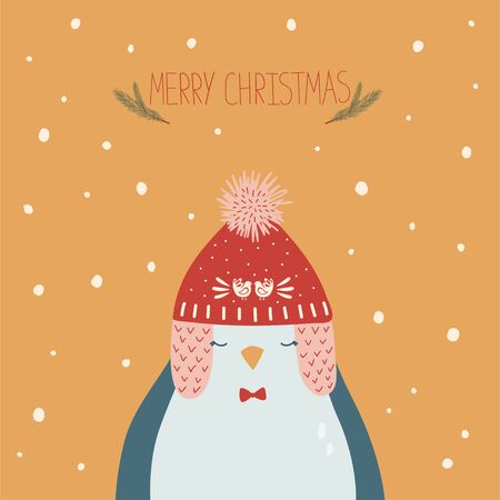 Christmas card with penguin in cap and handwritten lettering Merry Christmas in flat style. Greeting card, banner, postcard. Vector illustration.のイラスト素材