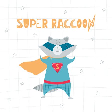 Cute, funny raccoon in superhero costume, mask, stars, lightning and handwritten lettering superraccoon in flat style.のイラスト素材