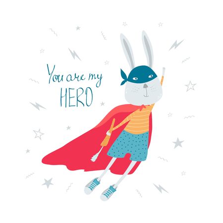 Cute, funny Bunny superhero in mask, raincoat, shorts, sneakers with carrot flying in flat style. Postcard with handwritten lettering You're my superhero. Illustration for kids.のイラスト素材