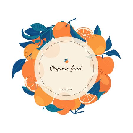 Circle frame of oranges on branches with copy space in flat style. Template with citrus fruits for your brochure design, banner, labels. Vector stock illustrationのイラスト素材