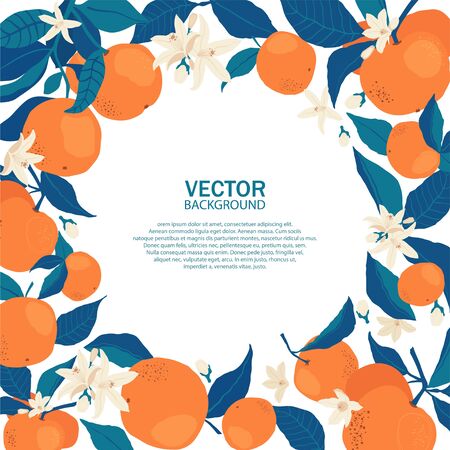 Circle frame of oranges on branches with copy space in flat style. Template with citrus fruits for your brochure design, banner, labels. Vector stock illustrationのイラスト素材