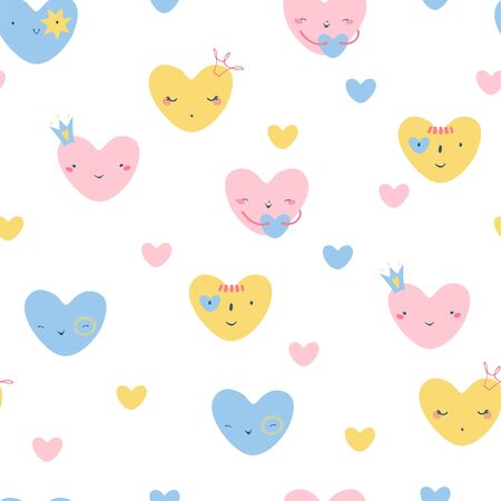 Seamless pattern with cute colorful hearts for Valentines day in a flat style of pink, blue and yellow on a white background. Illustration for fabric design, packaging paper, textile. Vectorのイラスト素材