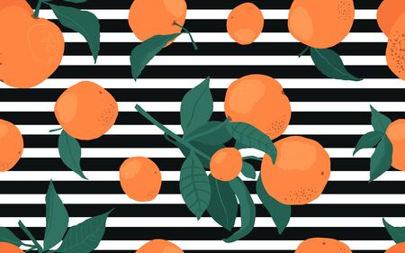 Seamless pattern with branches of oranges on a geometric background with black and white stripes. A...
