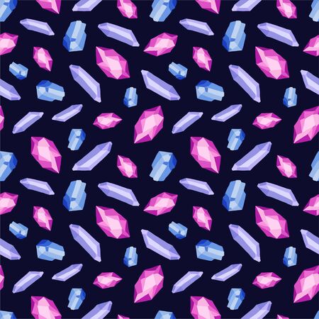 Seamless pattern with neon color crystals gems on a dark purple background in a flat style. Illustration for Wallpaper, fabric, textile, packaging paper design. Vectorのイラスト素材