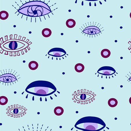 Seamless pattern with mystical eyes on a light background in a hand drawn style. Illustration with magic symbols for Wallpaper, fabric, textile, packaging paper design. Vectorのイラスト素材