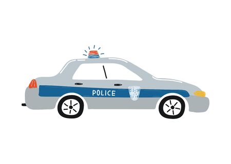 Cute police car isolated on a white background. Icon in hand drawn style for design of children's rooms, clothing, textiles. Vector illustrationのイラスト素材
