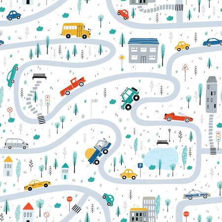 Cute children's seamless pattern with cars, road, Park, houses on a white background. Illustration of a town in a cartoon style for Wallpaper, fabric, and textile design. Vectorのイラスト素材