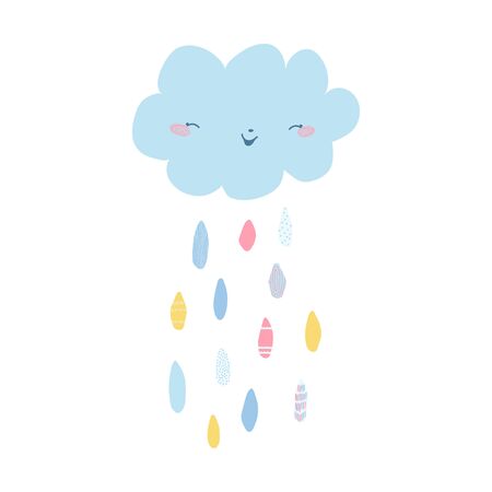 Cute, funny cloud smiles and colorful raindrops on a white background in pastel color. Illustration for for poster, postcard, banner design. Vectorのイラスト素材