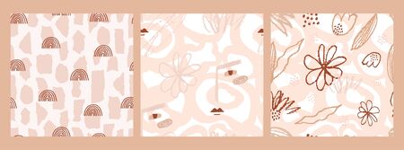 Set fbstract seamless pattern with hand drawn various shapes, rainbow, plant and female face. Modern illustration in pastel colors for fabric design, textiles, wallpaper, paper packaging. Vectorのイラスト素材