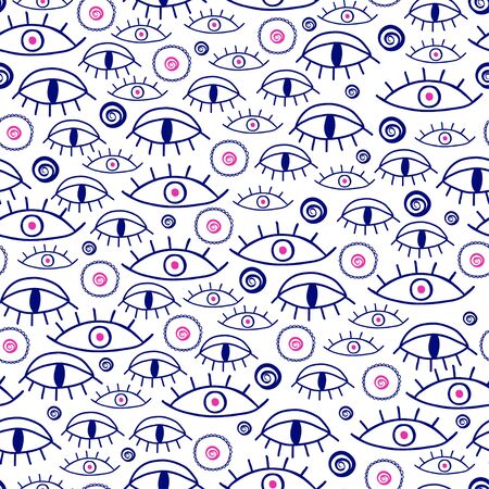 Seamless pattern with evil mystical eyes on white background in a hand drawn style. Illustration with magic symbols for Wallpaper, fabric, textile, packaging paper design. Vectorのイラスト素材