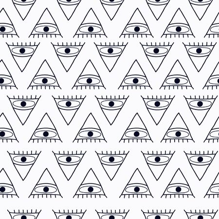 Seamless pattern with black evil mystical eyes on white background in a hand drawn style. Illustration with magic symbols for Wallpaper, fabric, textile, packaging paper design. Vectorのイラスト素材