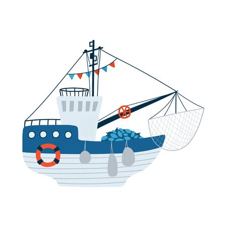 Fishing boat isolated on white background in a flat style. Children's illustration for design of children's rooms, clothing, textiles.Vector illustrationのイラスト素材