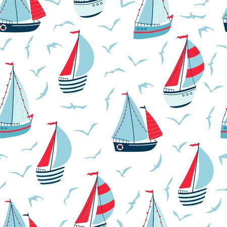 Children's seamless pattern with sailboats, yachts and seagulls on white background. Cute texture for kids room design, Wallpaper, textiles, wrapping paper, apparel. Vector illustrationのイラスト素材