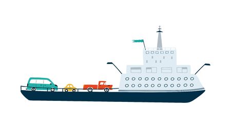 Ferry with cars isolated on white background in a flat style. Children's illustration for design of children's rooms, clothing, textiles. Vectorのイラスト素材