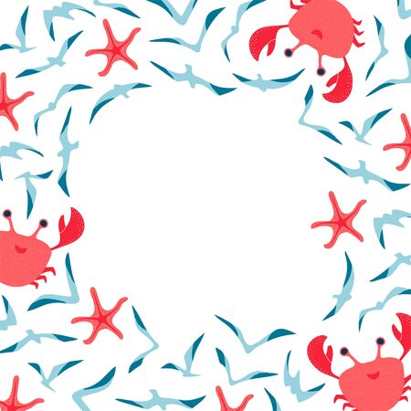 Illustration of a sea with crab, starfish, seagull . Children's frame with space for text on a white background. Vectorのイラスト素材