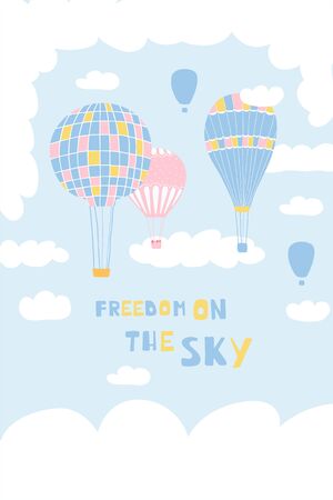 Cute poster with air balloons, clouds, birds and handwritten lettering Freedom on the sky. Illustration for the design of children's rooms, greeting cards, textiles. Vectorのイラスト素材