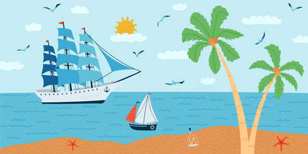 Horizontal background with seascape in flat style . Summer banner with ships, a palm tree, a boat. Vector illustrationのイラスト素材