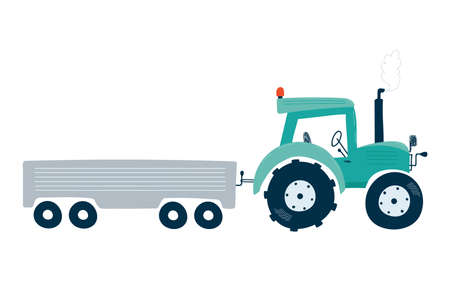 Tractor with trailer isolated on a white background in flat style. Icons kids cars for design of children's rooms, clothing, textiles. Vector illustrationのイラスト素材