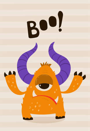 Children's poster with funny monster in cartoon style. Cute concept with lettering Boo for kids print. Illustration for the design postcard, textiles, apparel. Vectorのイラスト素材