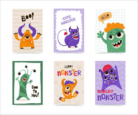 Collection hildren's posters with funny monster in cartoon style. Cute concept with lettering for kids print. Illustration for the design postcard, textiles, apparel. Vectorのイラスト素材