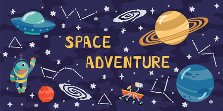 Space horizontal background with rocket, planets, cosmonaut and copy space for your text in cartoon style. Concept banner with the solar system for your design. Vector llustrationのイラスト素材