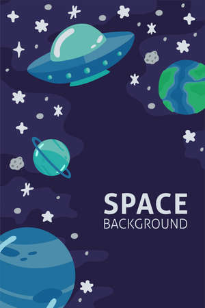 Space template with ufo, planets, cosmonaut and copy space for your text in cartoon style. Cute concept for kids print. Illustration for design kids room postcard, textiles. Vectorのイラスト素材