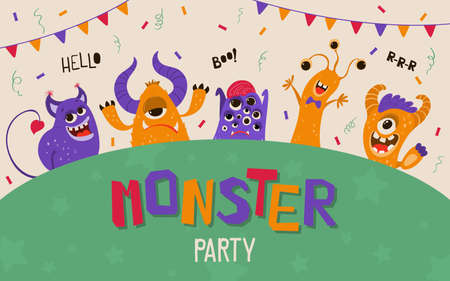 Cute kids banner with monsters in cartoon style. Party invitation template with funny characters. Greeting card for a holiday, birthday. Vector illustrationのイラスト素材