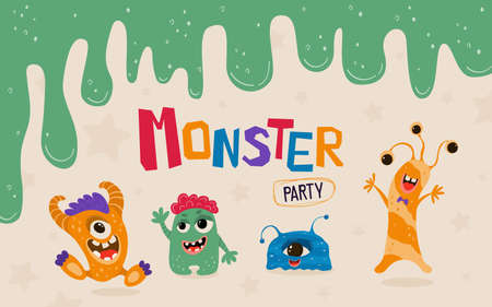 Cute kids banner with monsters in cartoon style. Party invitation template with funny characters....