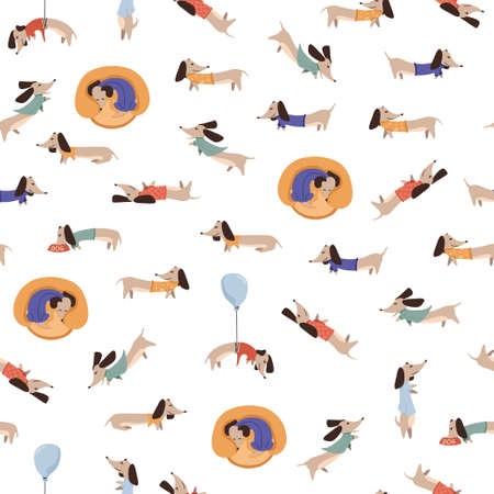 Children's seamless pattern with Dachshund dogs on white background in cartoon style. Cute texture for kids room design, Wallpaper, textiles, wrapping paper, apparel. Vector illustrationのイラスト素材