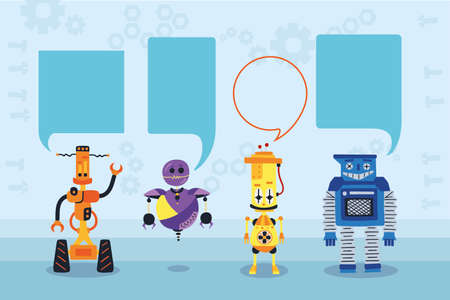 Banner with robots and bubbles speech for your text in a flat style. Banner with robot toys collection. Vector illustrationのイラスト素材