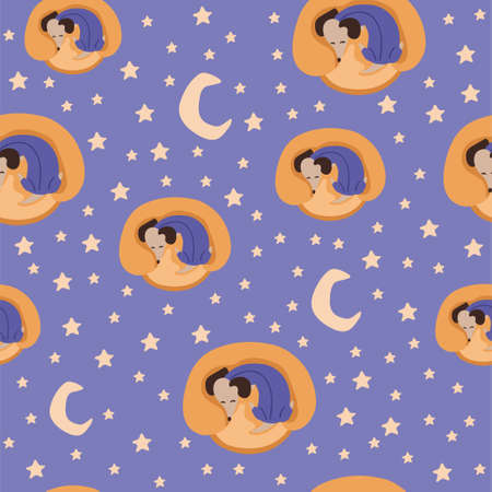 Children's seamless pattern with sleep Dachshund dogs in cartoon style. Cute texture for kids room design, Wallpaper, textiles, wrapping paper, apparel. Vector illustrationのイラスト素材
