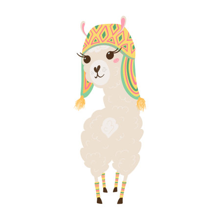 Cute lama in a cap in pastel colors isolated on white background. Funny baby animal. Alpaca for your child's room design. Vector illustrationのイラスト素材