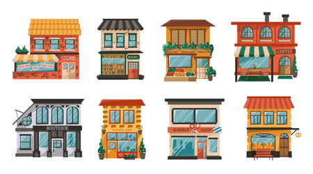 Set of store building facades in a flat style. Urban small shops, barbershop, cafes isolated on a white background. Market exterior, Barber shop and cafe. Vector illustrationのイラスト素材