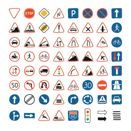 Cute set with road signs and traffic lights on a white background. Traffic sign icons Illustration in hand drawn style for children's room design. Vectorのイラスト素材