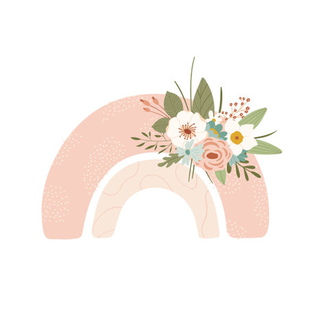Cute rainbow with flowers in pastel colors isolated on white background for kids. Illustration in hand drawn style for posters, prints, cards, fabric, children's books. Vectorのイラスト素材