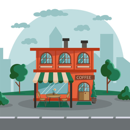 Urban landscape with coffee house. Facade store building in flat style. Urban small shop isolated on white background. Vector illustrationのイラスト素材
