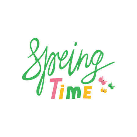 Spring illustration with lettering Spring time and butterfly. Design concept of the arrival of spring. Colorful template for posters, postcards. Vectorのイラスト素材